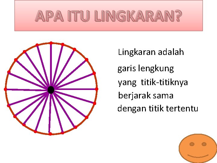 APA ITU LINGKARAN? Lingkaran adalah garis lengkung yang titik-titiknya berjarak sama dengan titik tertentu