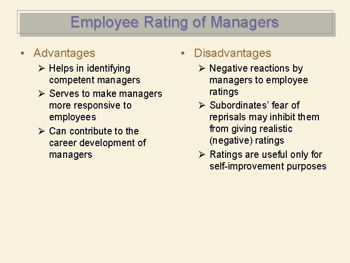 Employee Rating of Managers • Advantages Ø Helps in identifying competent managers Ø Serves