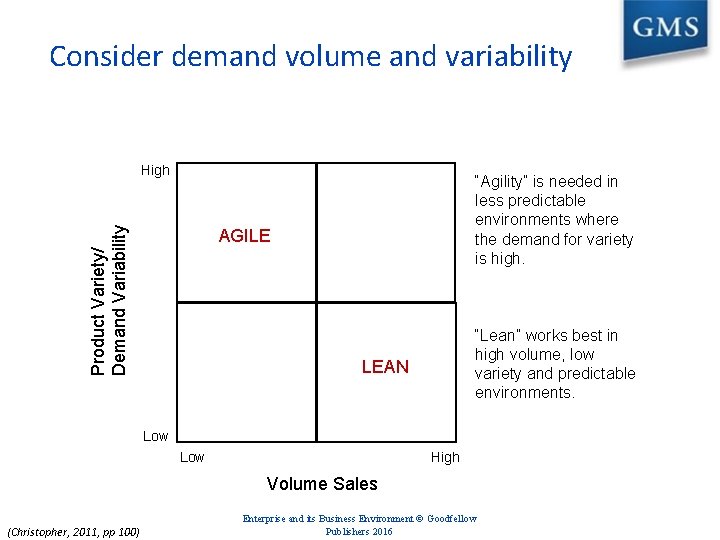 Consider demand volume and variability Product Variety/ Demand Variability High “Agility” is needed in