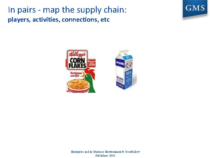 In pairs - map the supply chain: players, activities, connections, etc Enterprise and its