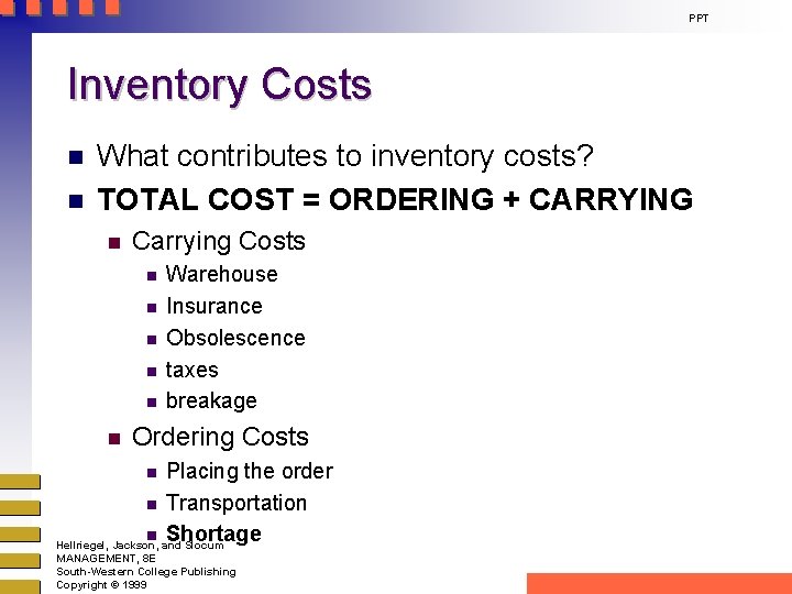 PPT Inventory Costs n n What contributes to inventory costs? TOTAL COST = ORDERING