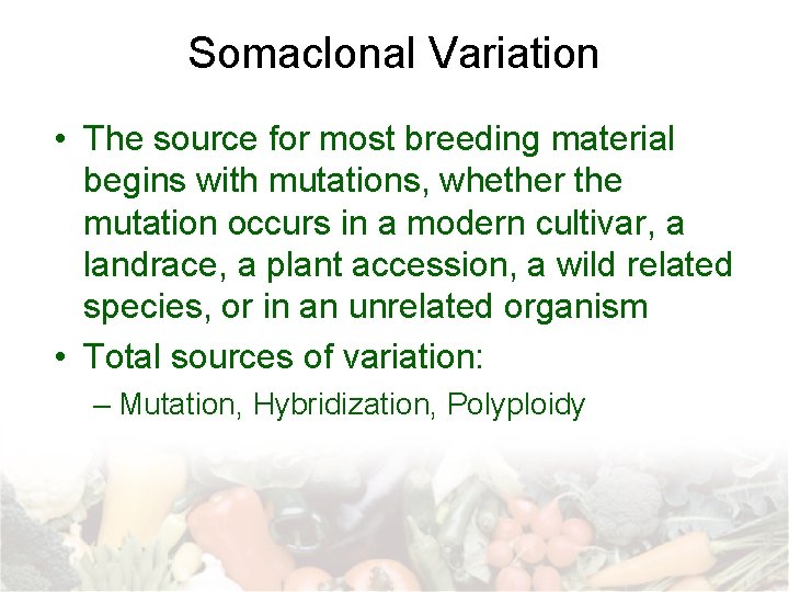 Somaclonal Variation • The source for most breeding material begins with mutations, whether the