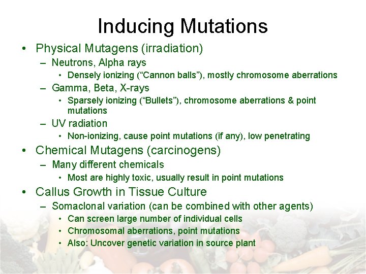 Inducing Mutations • Physical Mutagens (irradiation) – Neutrons, Alpha rays • Densely ionizing (“Cannon