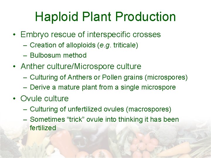 Haploid Plant Production • Embryo rescue of interspecific crosses – Creation of alloploids (e.