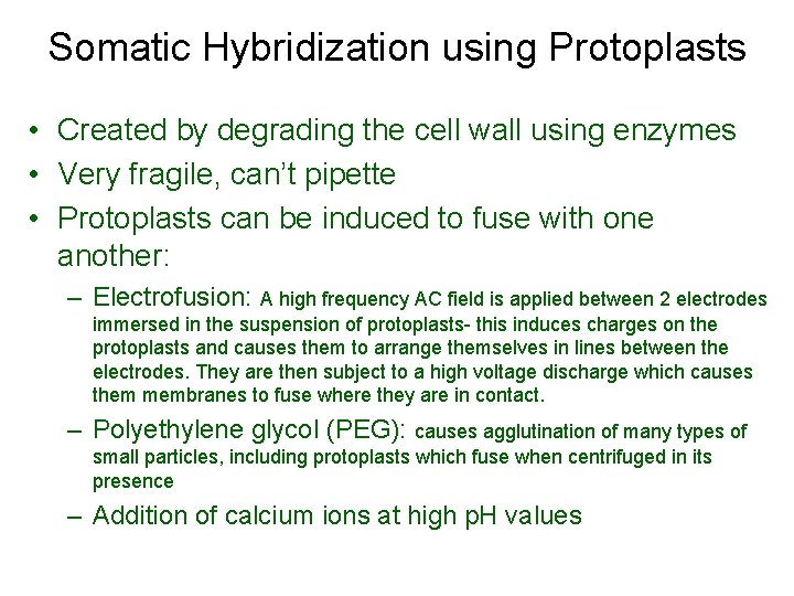 Somatic Hybridization using Protoplasts • Created by degrading the cell wall using enzymes •