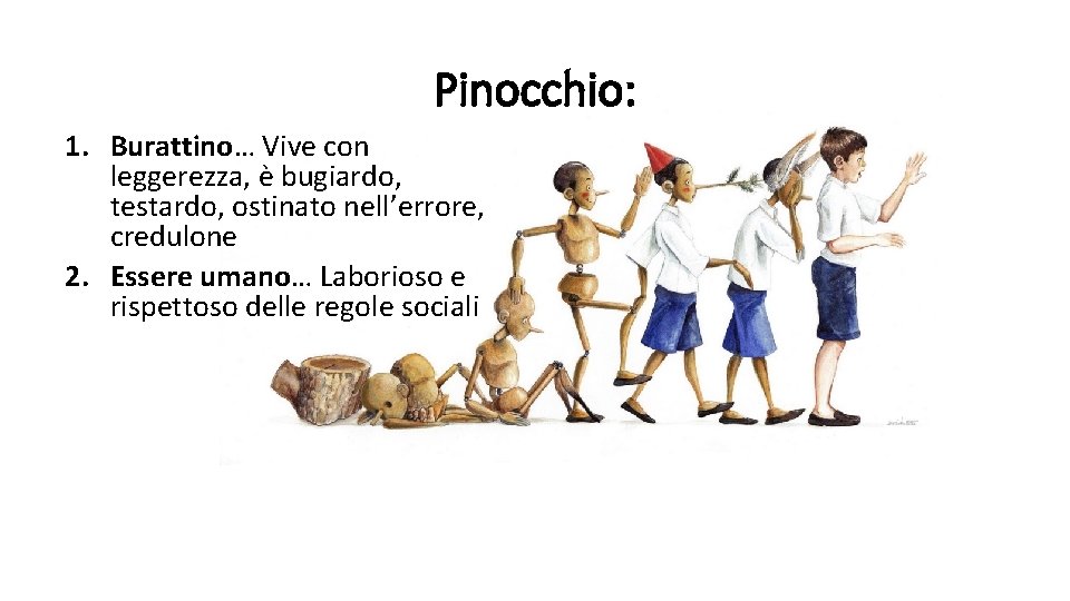 Pinocchio: 1. Burattino… Vive con leggerezza, è bugiardo, testardo, ostinato nell’errore, credulone 2. Essere Pinocchio: 1. Burattino… Vive con leggerezza, è bugiardo, testardo, ostinato nell’errore, credulone 2. Essere