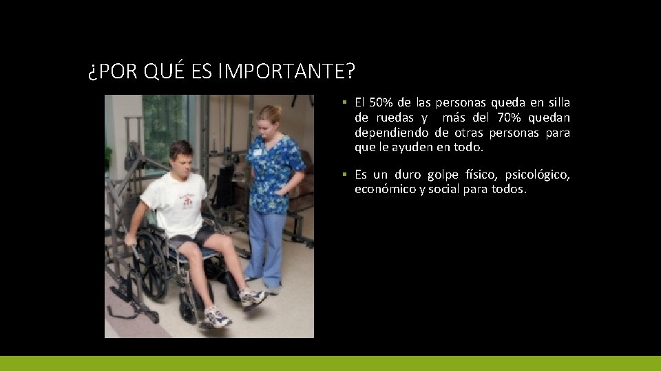 ¿POR QUÉ ES IMPORTANTE? ▪ El 50% de las personas queda en silla de