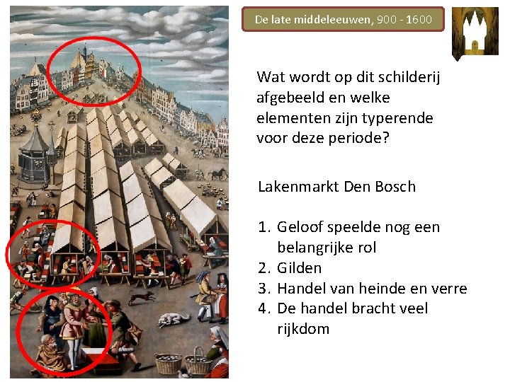 De late middeleeuwen, 900 - 1600 Wat wordt op dit schilderij afgebeeld en welke