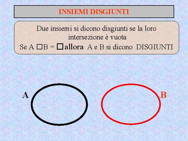 INSIEMI DISGIUNTI Due insiemi si dicono disgiunti se la loro intersezione è vuota Se