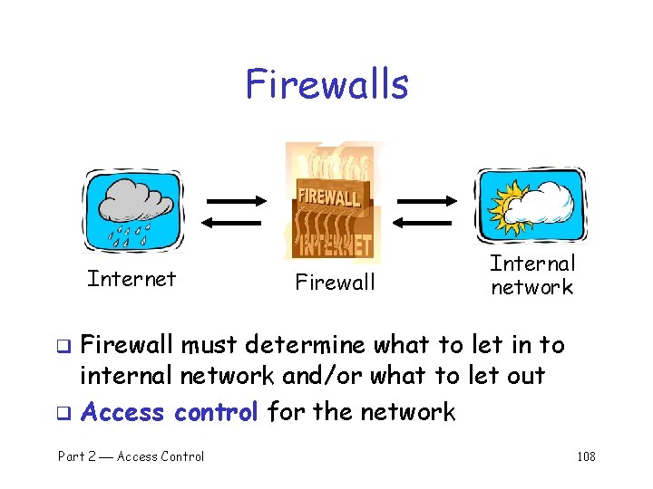 Firewalls Internet Firewall Internal network Firewall must determine what to let in to internal