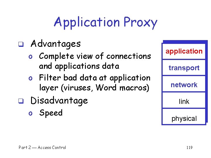 Application Proxy q Advantages o Complete view of connections and applications data o Filter