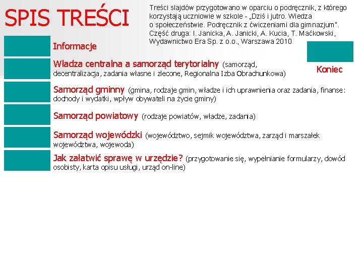 SPIS TREŚCI Informacje Treści slajdów przygotowano w oparciu o podręcznik, z którego korzystają uczniowie