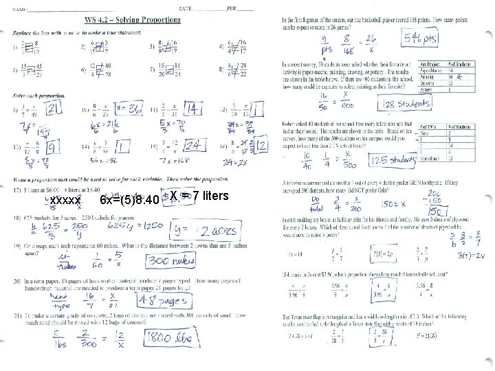 xxxxx 6 x=(5)8. 40 X = 7 liters 