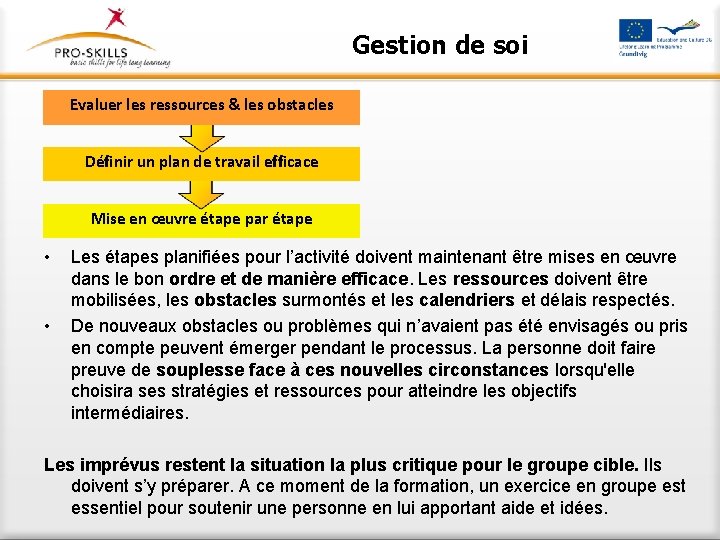 Gestion de soi Evaluer les ressources & les obstacles Définir un plan de travail