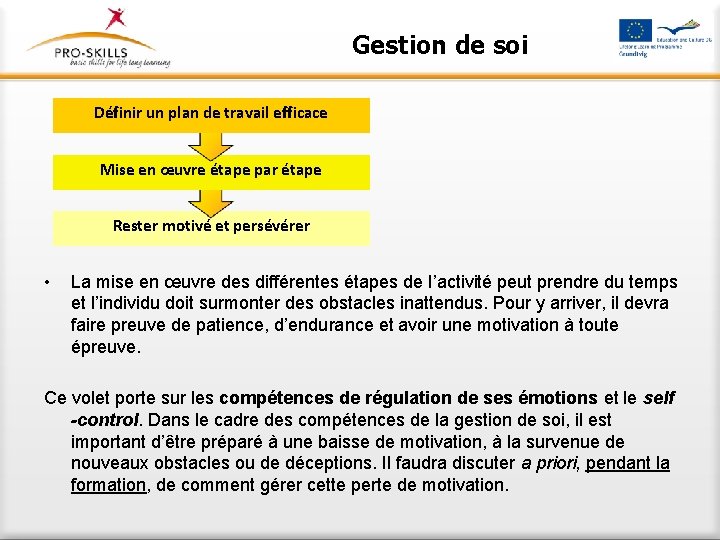 Gestion de soi Définir un plan de travail efficace Mise en œuvre étape par