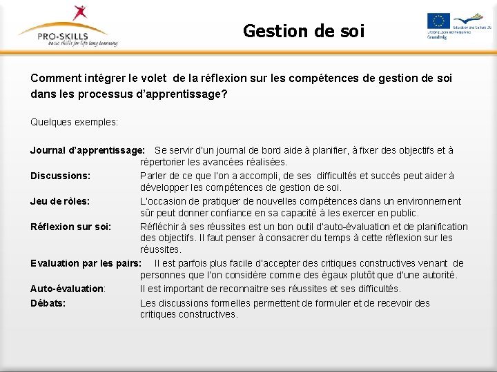 Gestion de soi Comment intégrer le volet de la réflexion sur les compétences de