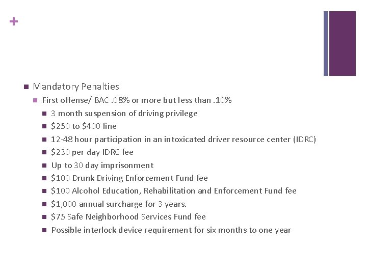 + n Mandatory Penalties n First offense/ BAC. 08% or more but less than.