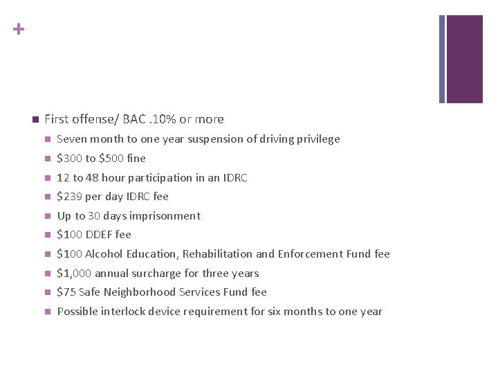 + n First offense/ BAC. 10% or more n Seven month to one year