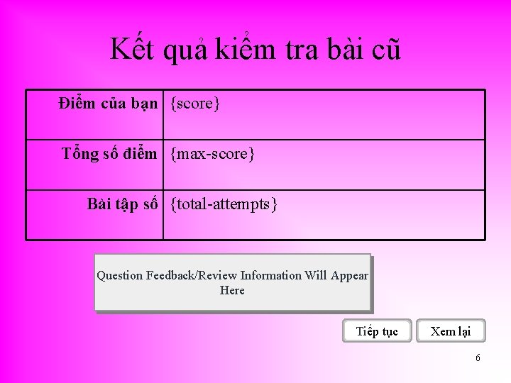 Kết quả kiểm tra bài cũ Điểm của bạn {score} Tổng số điểm {max-score}