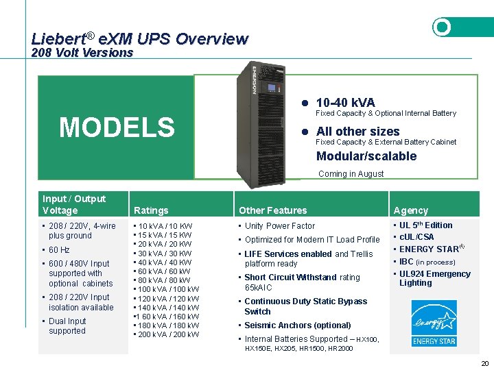 Liebert® e. XM UPS Overview 208 Volt Versions l 10 -40 k. VA Fixed Liebert® e. XM UPS Overview 208 Volt Versions l 10 -40 k. VA Fixed