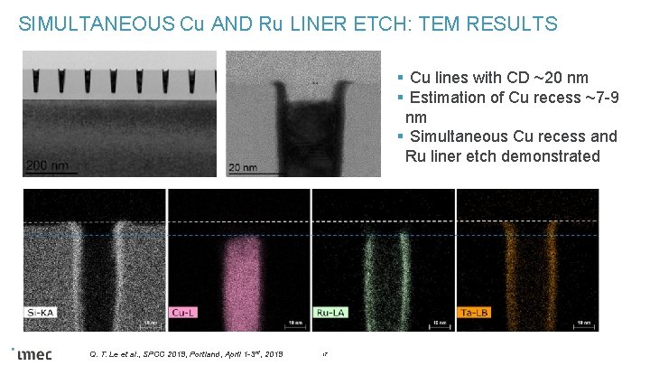SIMULTANEOUS Cu AND Ru LINER ETCH: TEM RESULTS § Cu lines with CD ~20