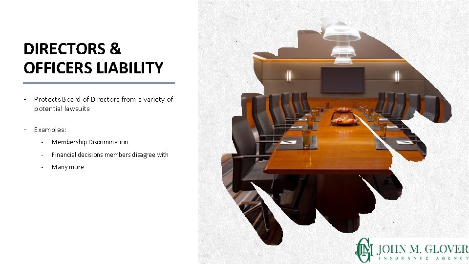 DIRECTORS & OFFICERS LIABILITY - Protects Board of Directors from a variety of potential DIRECTORS & OFFICERS LIABILITY - Protects Board of Directors from a variety of potential