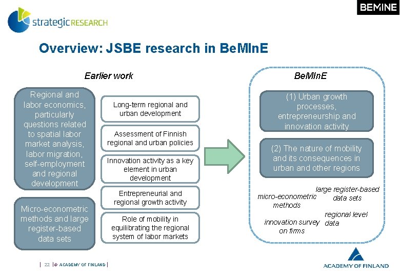 Overview: JSBE research in Be. MIn. E Earlier work Regional and labor economics, particularly