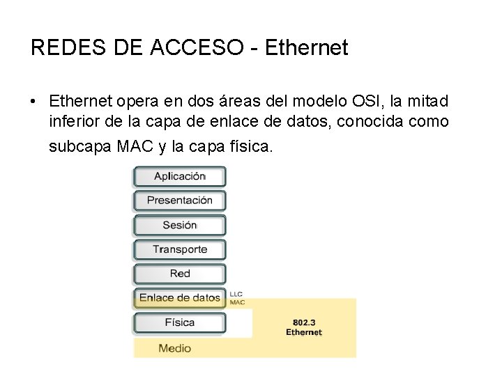 REDES DE ACCESO - Ethernet • Ethernet opera en dos áreas del modelo OSI,