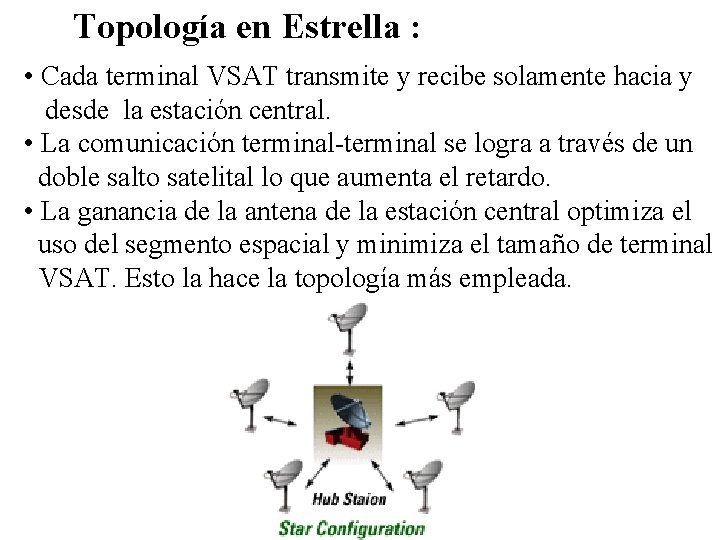 Topología en Estrella : • Cada terminal VSAT transmite y recibe solamente hacia y