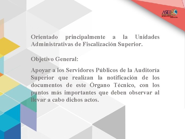 Orientado principalmente a la Unidades Administrativas de Fiscalización Superior. Objetivo General: Apoyar a los