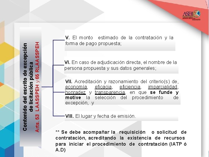 Arts. 53 LAASSPEH y 65 RLAASSPEH Contenido del escrito de excepción de licitación pública