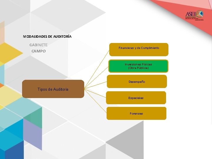 MODALIDADES DE AUDITORÍA GABINETE CAMPO Financieras y de Cumplimiento Inversiones Físicas (Obra Pública) Desempeño