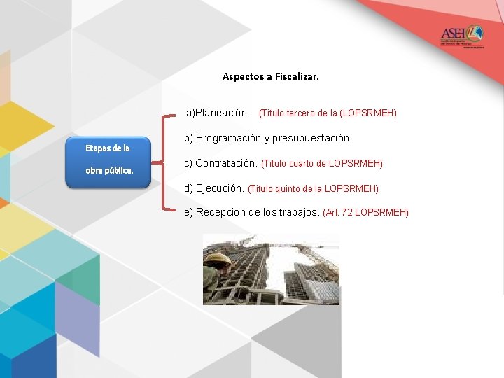 Aspectos a Fiscalizar. a)Planeación. (Titulo tercero de la (LOPSRMEH) Etapas de la obra pública.