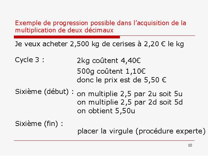 Exemple de progression possible dans l’acquisition de la multiplication de deux décimaux Je veux