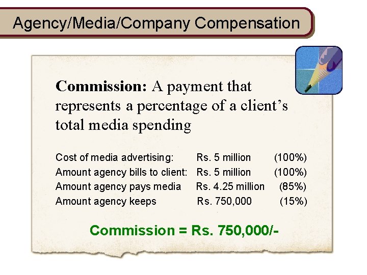 Agency/Media/Company Compensation Commission: A payment that represents a percentage of a client’s total media