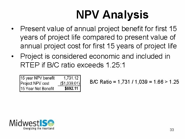 NPV Analysis • Present value of annual project benefit for first 15 years of