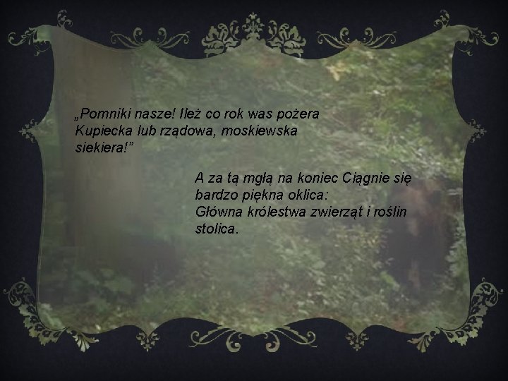 „Pomniki nasze! Ileż co rok was pożera Kupiecka lub rządowa, moskiewska siekiera!” A za