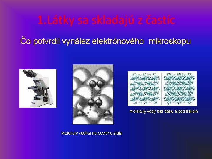 1. Látky sa skladajú z častíc Čo potvrdil vynález elektrónového mikroskopu molekuly vody bez