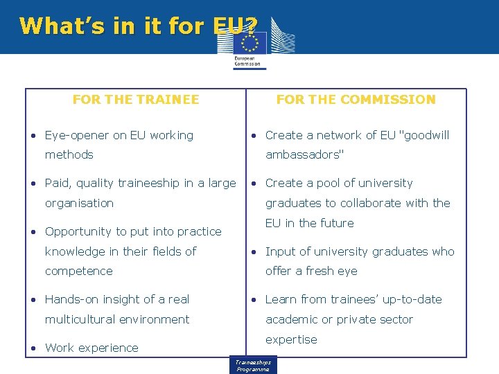 What’s in it for EU? FOR THE TRAINEE FOR THE COMMISSION • Eye-opener on