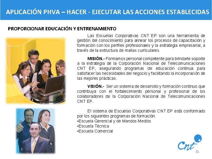 APLICACIÓN PHVA – HACER - EJECUTAR LAS ACCIONES ESTABLECIDAS PROPORCIONAR EDUCACIÓN Y ENTRENAMIENTO Las