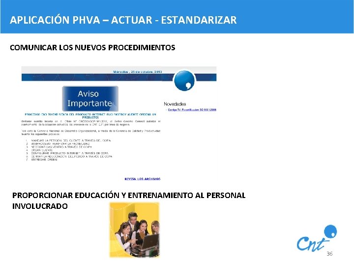 APLICACIÓN PHVA – ACTUAR - ESTANDARIZAR COMUNICAR LOS NUEVOS PROCEDIMIENTOS PROPORCIONAR EDUCACIÓN Y ENTRENAMIENTO