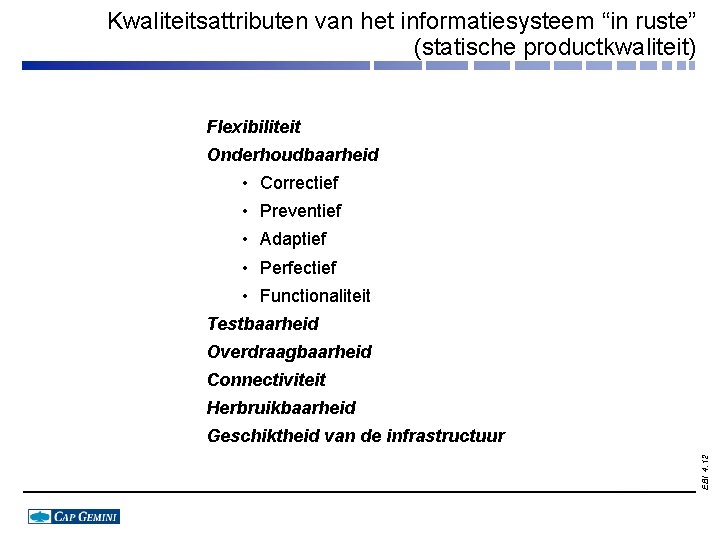 Kwaliteitsattributen van het informatiesysteem “in ruste” (statische productkwaliteit) Flexibiliteit Onderhoudbaarheid • Correctief • Preventief