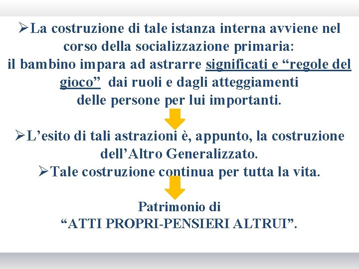 ØLa costruzione di tale istanza interna avviene nel corso della socializzazione primaria: il bambino