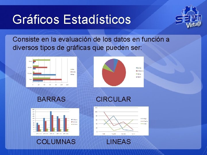 Gráficos Estadísticos Consiste en la evaluación de los datos en función a diversos tipos