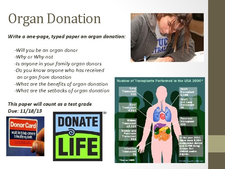 Organ Donation Write a one-page, typed paper on organ donation: -Will you be an