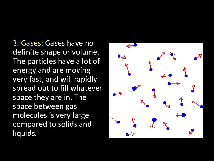 3. Gases: Gases have no definite shape or volume. The particles have a lot