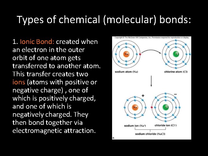 Types of chemical (molecular) bonds: 1. Ionic Bond: created when an electron in the