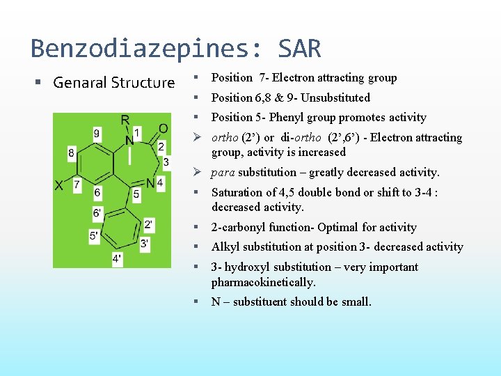 Benzodiazepines: SAR Genaral Structure Position 7 - Electron attracting group Position 6, 8 &