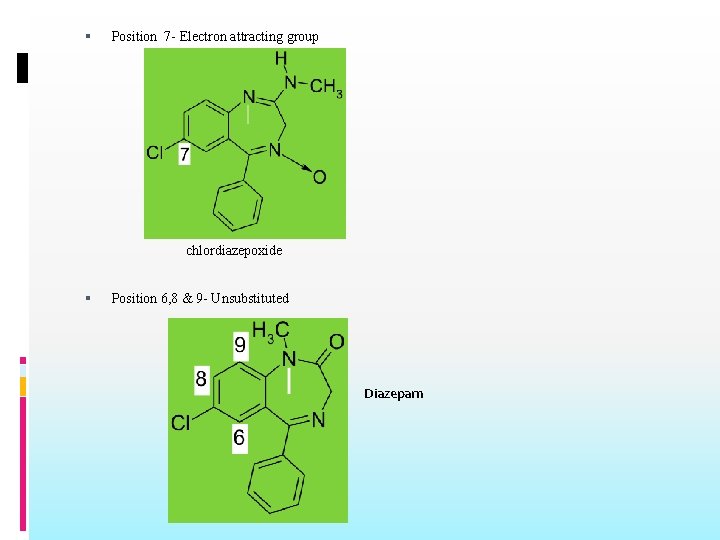  Position 7 - Electron attracting group chlordiazepoxide Position 6, 8 & 9 -