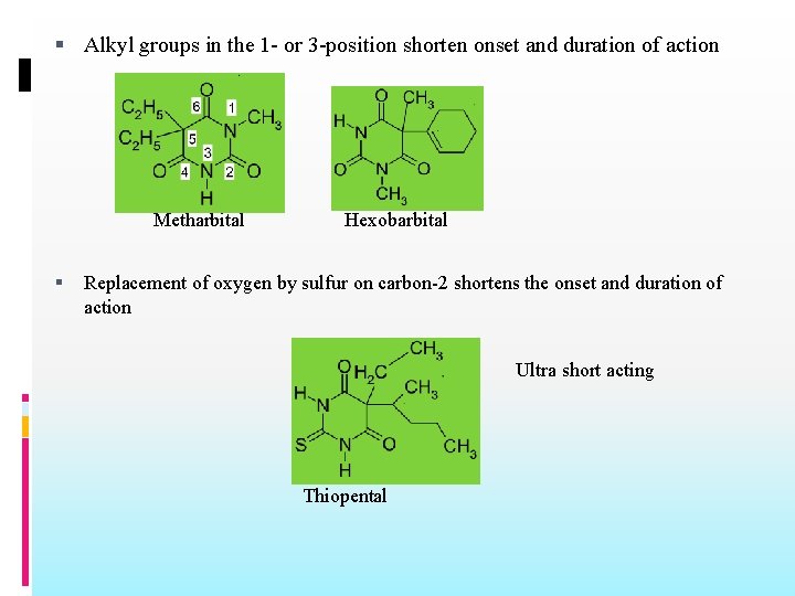  Alkyl groups in the 1 - or 3 -position shorten onset and duration